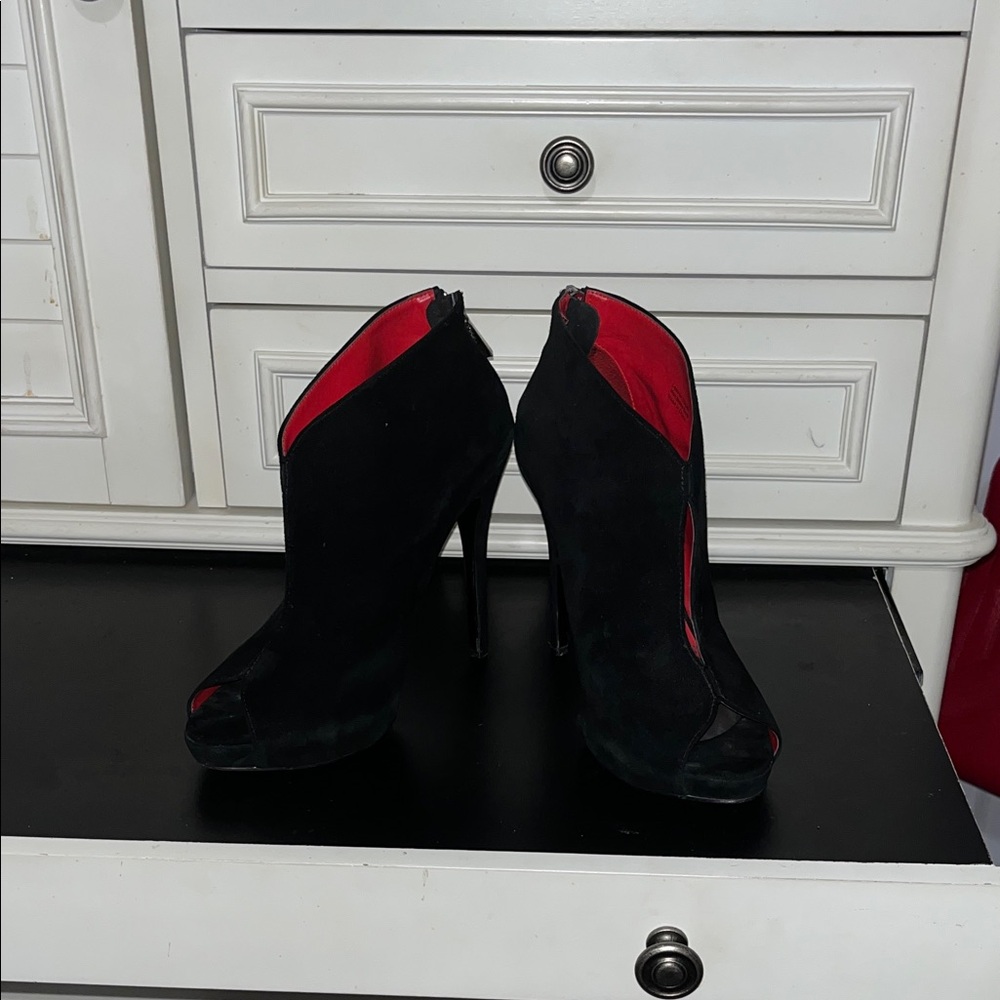 Charles Jourdan Black Suede Peep Toe High Heel Ankle Boots
